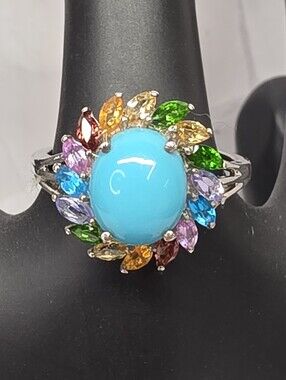 D’Joy 925 Sterling Sleeping Beauty Turquoise Multi Gem Ring Sz 10